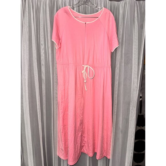 Pink Short-Sleeve Drawstring Waist Dress With Pockets & White Trim - Picture 3 of 10